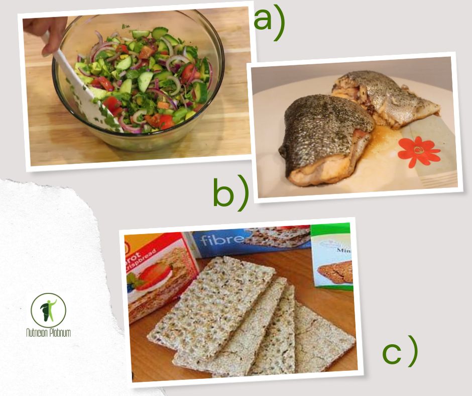 Ensalada de Aguacate, Pepino y Tomate con trucha al horno con jamon y pan tipo wasa